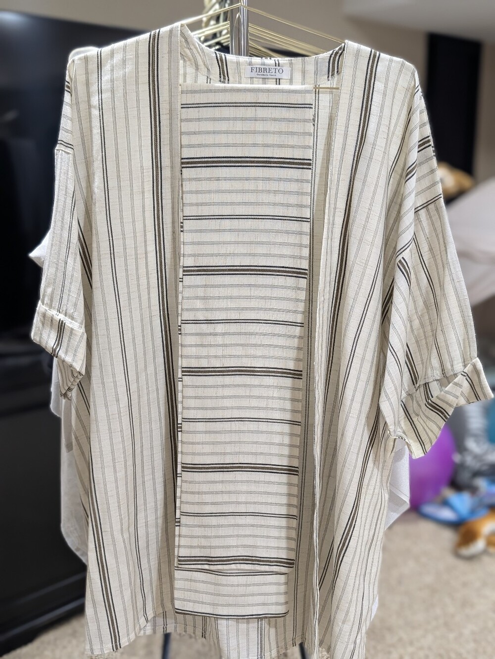 Fibreto Cream & Black Striped Open Front Kimono